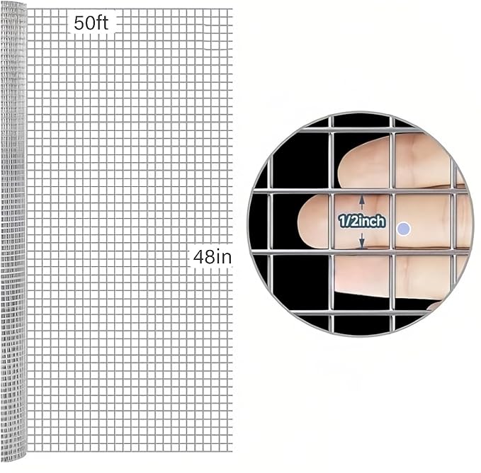 Hardware Cloth 48inx50ft 1/2 Inch Galvanized, Chicken Rabbit Snake cage Wire Fence Mesh Roll,Garden Plant Welded Metal Wire Fence,Poultry Animal Netting cage Screen. (4 x 50FT)
