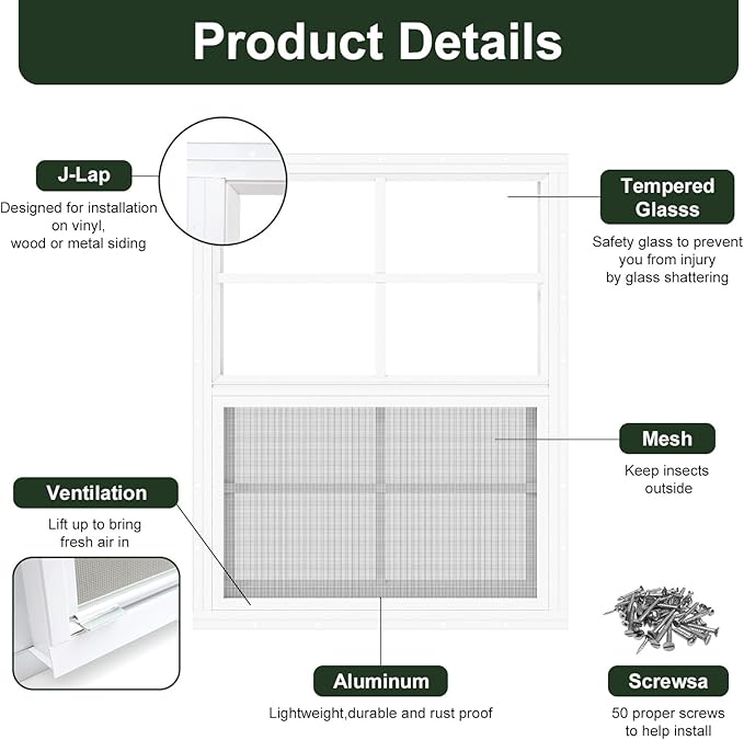 1 Pack Shed Window 24" x 36" Flush Mount Window with Tempered Glass,House Small Windows,Household Sliding Windows for Chicken Coop, Playhouse, Household, Garage