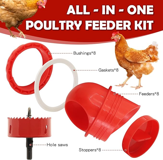 Chicken Feeders No Waste, DIY Automatic Poultry Feeder 8 Ports 1 Hole Saw with Covers Gravity Feed Kit for Buckets Barrels Bins Troughs (Red)