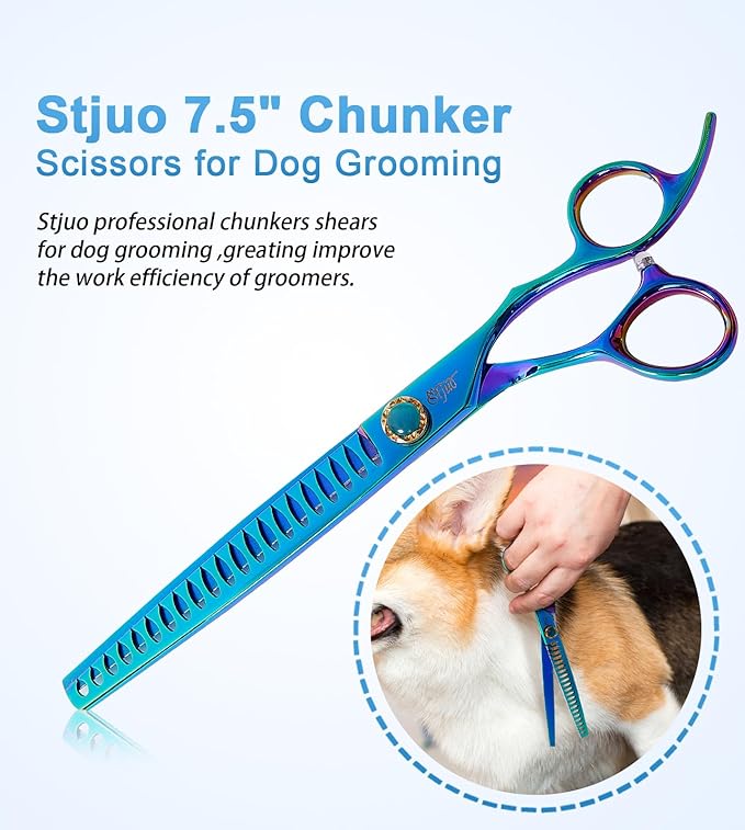 7.5'' Dog Chunker Scissors for Grooming 440C Stainless Steel Green Professional Pet Trimming Scissors Sharp Blades Cutting for Dogs and Cats Shears