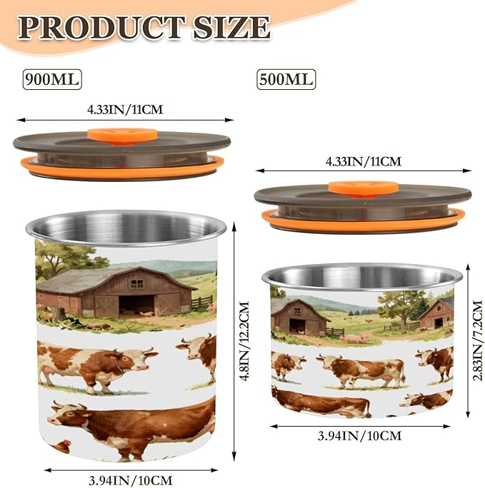 Farmhouse Cows Roosters Coffee Canister 30oz Stainless Steel Airtight Food Storage Container with Lid for Beans/Cereal Preserval