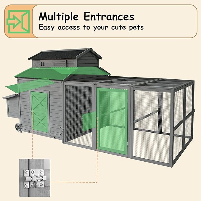 Chicken Coop for 6-10 Chickens, 112" Extal Large Chicken Coops, with Chicken Run & Nesting Box & Secure Enclosure, Outdoor Wooden Hen House Hutch for Rabbit, Poultry Pet, Duck -Grey