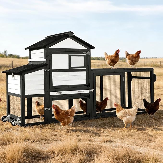 Mobile Chicken Coop with Wheels, Large Outdoor Hen House with Run for 4-6 Chickens, Weatherproof Asphalt Roof, Sectionable Nesting Box & Pull-Out Tray, 82.4" L x 25.8" W x 44.1" H - Black