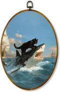 zewepri Cat Biting Shark Painting – 8.6×11.4 inches, high-density canvas, funny wall art, with pre-installed hook for easy hanging, ideal for bedroom, living room, study, and a gift for art lovers.