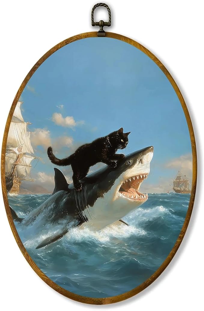 zewepri Cat Biting Shark Painting – 8.6×11.4 inches, high-density canvas, funny wall art, with pre-installed hook for easy hanging, ideal for bedroom, living room, study, and a gift for art lovers.