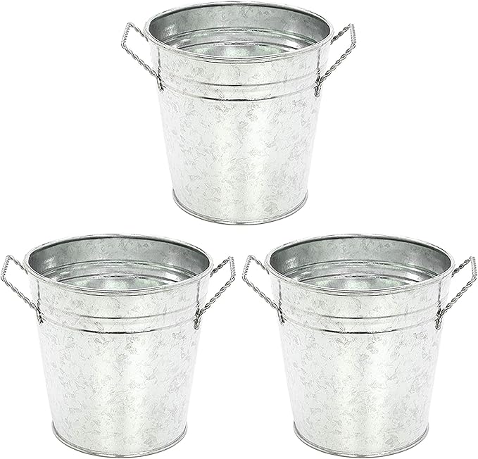 Hosley 3 Pack of Galvanized Planters 5" Dia x 4.5" H Durable Metal Plant Pots for Floral Arrangements Indoor and Outdoor Gardening with Vintage-Inspired Charm Rustic