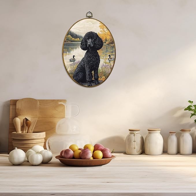 CUANFDDSF Vintage Black Poodle Oval Wall Art Decor, Poodle Gifts for Women Wall Hanging Decor, Cottage Core Farmhouse Lakeside Dog Duck Framed Canvas Prints for Home Bedroom Living Room, 8.6x11.4 Inch