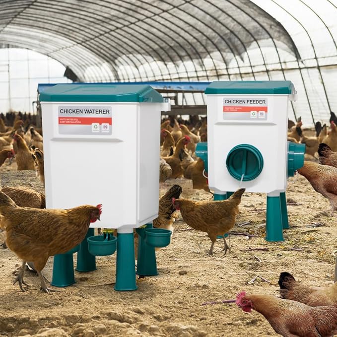 Chicken Feeder and Waterer Set, Chicken Coop Accessories with Hanging Chickens Poultry Feeder and Chicken Waterer Kit No Waste, 3 Gallon/26 Pounds, Blue