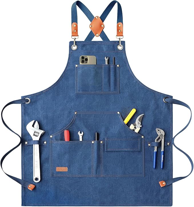 AFUN Work Aprons for Men with Large Pockets, Cotton Canvas Cross Back Heavy Duty Adjustable Tool Apron, Size M to XXL (Darkblue)