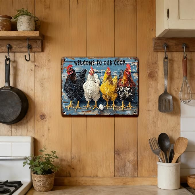 Chicken Coop Sign Welcome to Our Coop Vintage Metal Tin Sign for Chicken Accessories Indoor Outdoor Decor 16x12 Inch