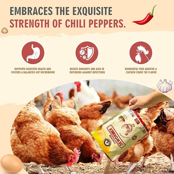 Natural Chicken Dewormer Powder, Chili Mix Formula, 1LB XL Pouch, Poultry Wormer for Laying Hens, Egg Safe, Gut Health Support, Made in the USA for Backyard Flocks