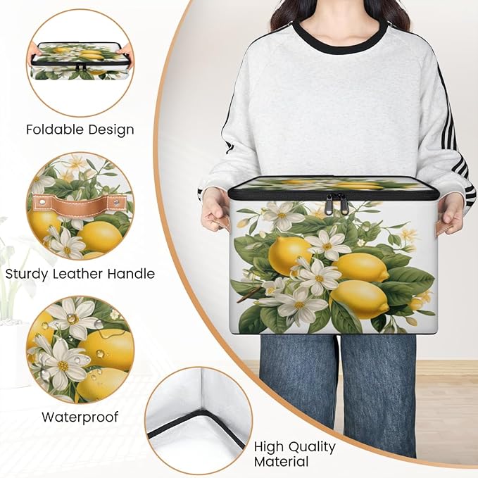 Lemon Fruits Storage Bins with Lids, White Flower Fabric Storage Boxes with Zipper, Collapsible Decorative Closet Organizer Cube for Clothes, Toys, Organizing, Shelves