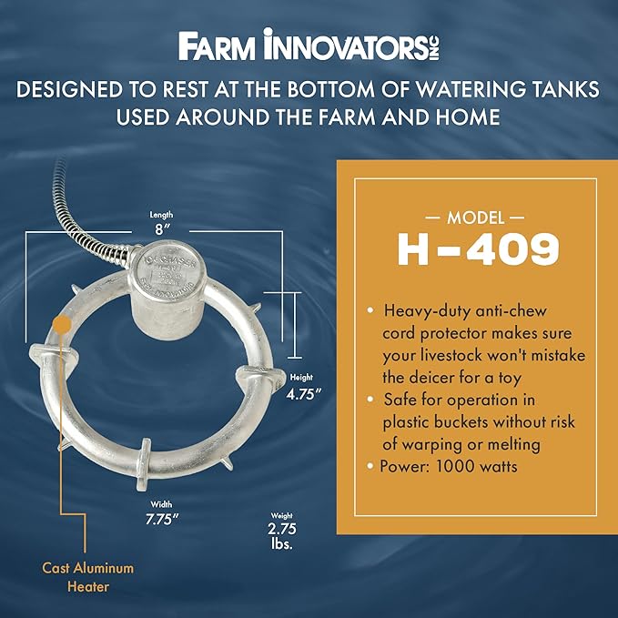 Farm Innovators Submergible Tank De-Icer, 1000W Water Deicer- Ice Chaser Cast Aluminum Design with Chew Proof Cord for Livestock Water Stock Tank