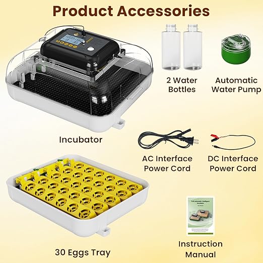 Incubators for Hatching Eggs, 30 Chicken Eggs Incubator with Automatic Egg Turning, Dual Power Supply, Egg Candler, Temperature & Humidity Control with Alert Function, Auto Water Filling
