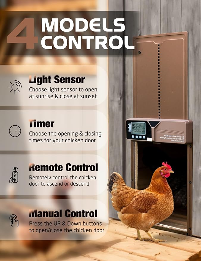 Upgraded Large Automatic Chicken Coop Door - Solar,Battery Powered Chicken Door Opener | Timer,Light Sensor,Remote,Manual Control | Anti-Pinch, Predator Proof All-Weather Resistance Coop Door