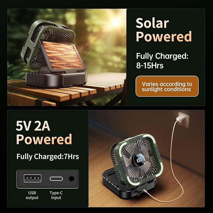 Solar Camping Fan with Light-10000mAh Rechargeable Portable, 6 Speeds, Digital Display, Timer, 120° Oscillation, Cordless Battery Powered Fan for Home Outdoor Tent Travel BBQ Fishing (Green)