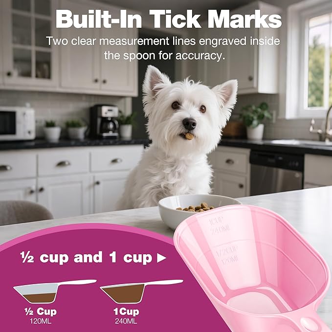 Pet Food Scoop 2 Pack, Dog Cup Capacity Cat Food Scooper With Measuring Lines For Dog, Puppy and Cat Coffee Bean, Flour Scoop Pink