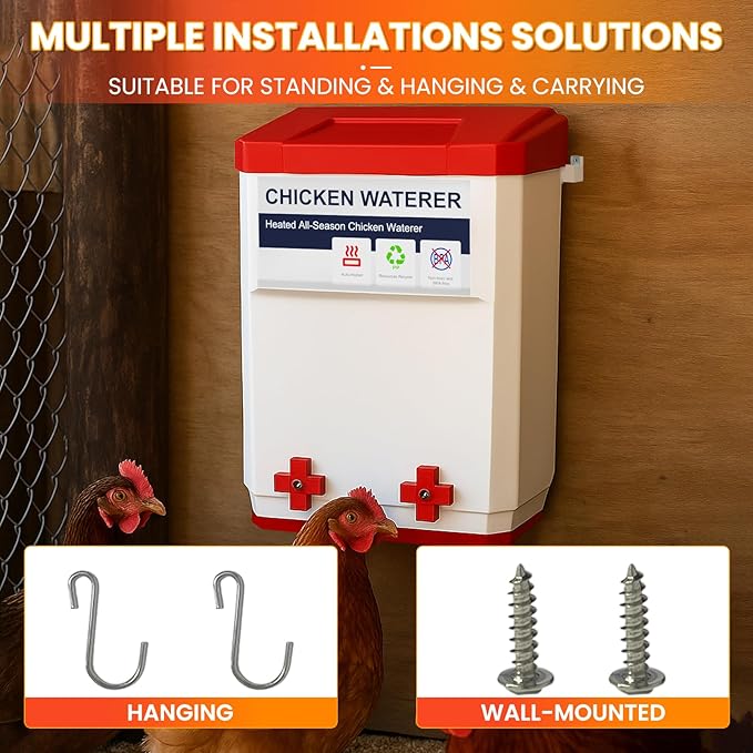 Nexum Heated Chicken Waterer - 3 Gallon Winter-Proof Poultry Drinker with Nipples and Stand, Auto Thermostat for Chickens, Ducks & Quail - Freeze-Resistant, Easy Fill (Red, 3 Gallon)