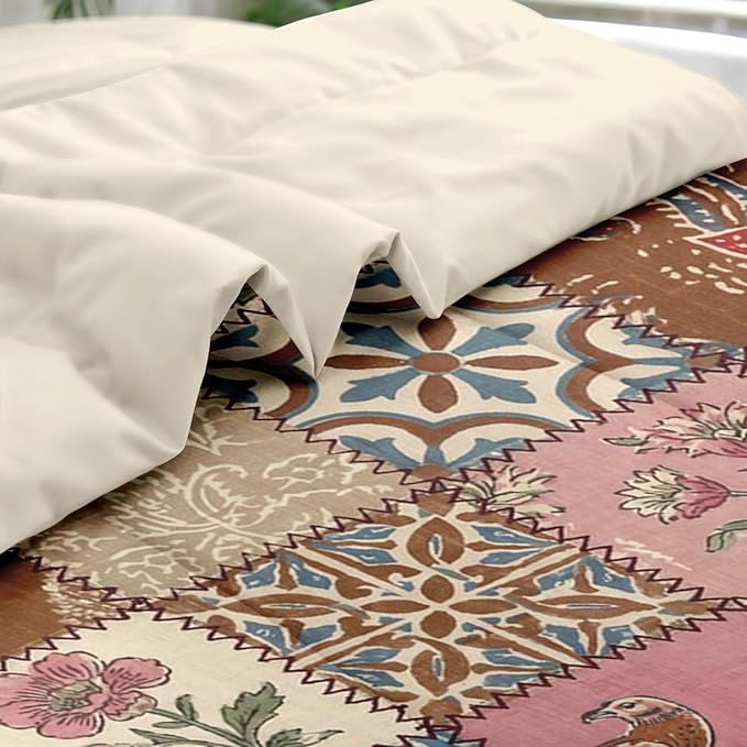 Comforter Set Twin Size, Country Flower Retro 5 Pcs Bedding for Kids and Adults, Plaid Geometric Patchwork Bed Sheet Sets with Fitted Sheet Pillowcase & Sham for Bedroom Bed Decor