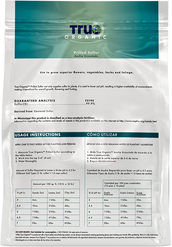 True Organic Prilled Sulfur – Organic Fertilizer for Better Plant Growth,Flowers,Vegetables,and Herbs – Lowers Soil pH-– 5lb Bag Covers 1,333 Sq. Ft.,(Pack of 6)