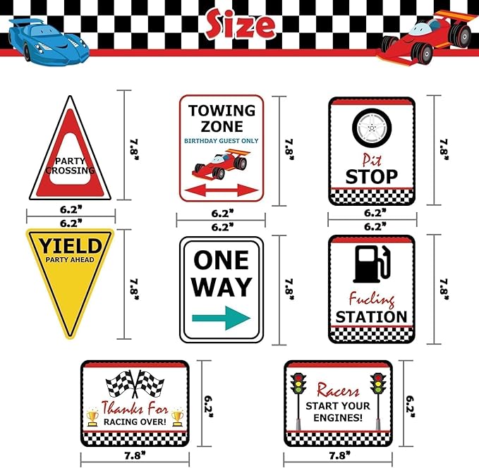 WERNNSAI Race Car Birthday Party Decorations - 10PCS Funny Car Party Signs Decorations for Boys Kids Racing Birthday Supplies Racing Cars Route 66 Sign for Birthday Anniversary Home Yard Wall Decor
