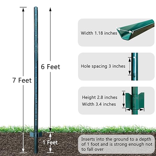 Fence Posts 7 Feet, Pack of 10, Metal Fence Poles U Post Sturdy Duty Fence Stakes Step in Post No Dig Fence Post for Garden Wire Fence Steel Sign Post (Fits to 6-ft Fence Mesh)