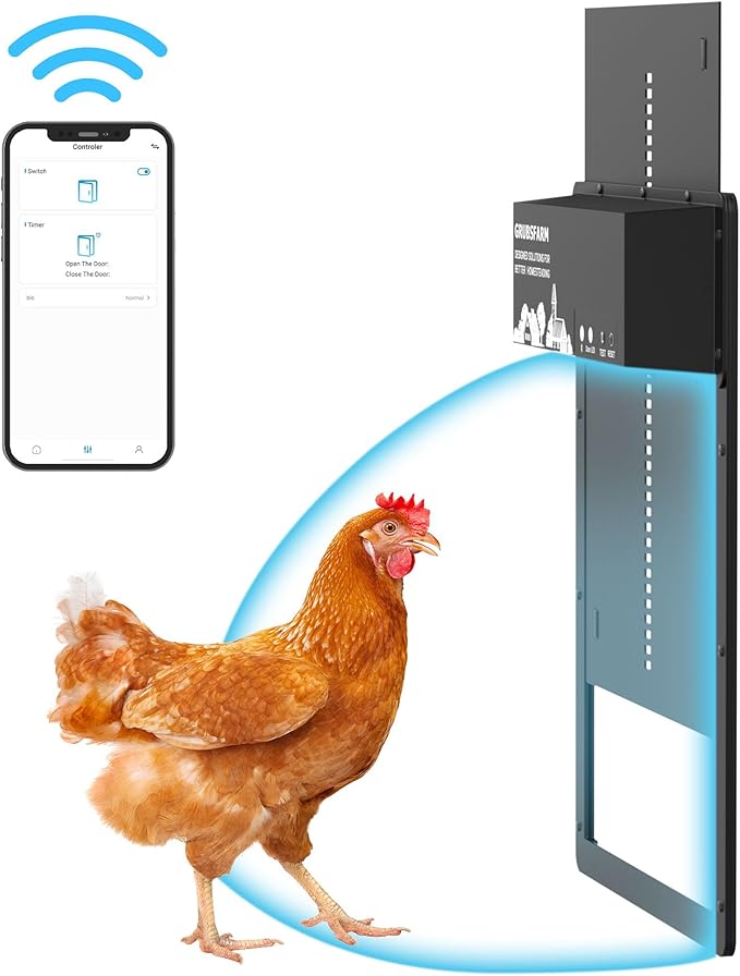 Automatic Chicken Coop Door with App Programmable, Solar/Battery/Grid Multi-Power Supply, Motion Sensor Anti-Pinch Safety System, Durable Weatherproof Aluminum Auto Door for Poultry - GRUBSFARM