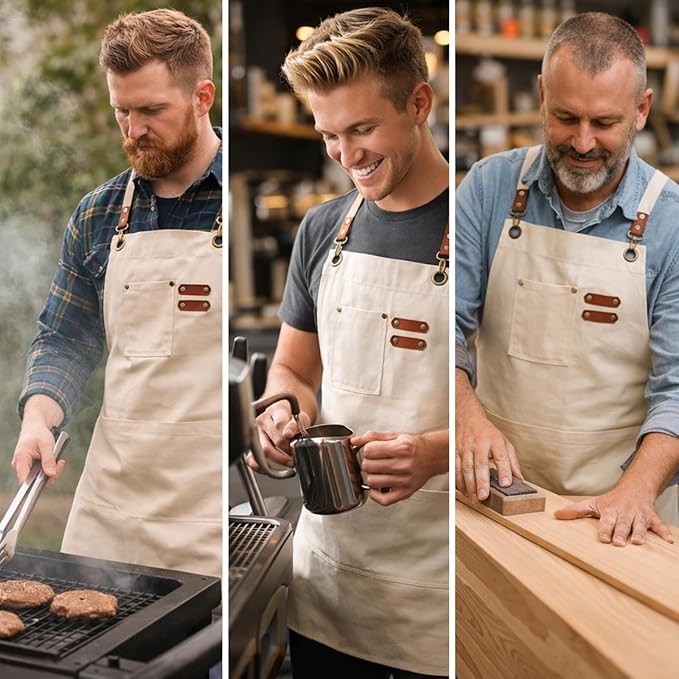 Chef Aprons for Men Canvas Apron with Large Pockets and Adjustable Neck Strap for Cooking,BBQ, Gardening