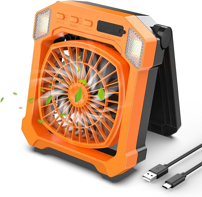 Camping Fan Battery Powered & Solar Powered, Portable Solar Fan 10000mAh Rechargeable Outdoor Fans with Light, Quiet Cordless Fans for Tent, RV, Emergency, Hiking, Power Outage, Desk, Survival Kit