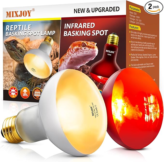 MIXJOY 100W Reptile Heat Lamp Bulb Combo, 2PCS Day & Night Reptile Heat Bulbs, UVA Daylight Intense Heat Basking Bulb Infrared Heat Light Bulb for Reptiles, Lizard, Tortoise, Bearded Dragon Chickens