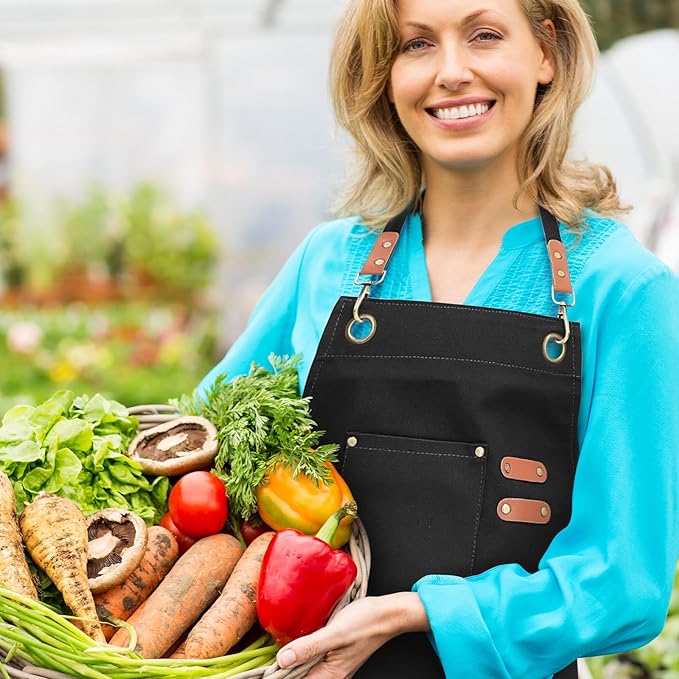 Unisex Aprons with Large Pockets,Cotton Canvas Cross Back Heavy Duty Adjustable Work Apron,Size Kids to Adult