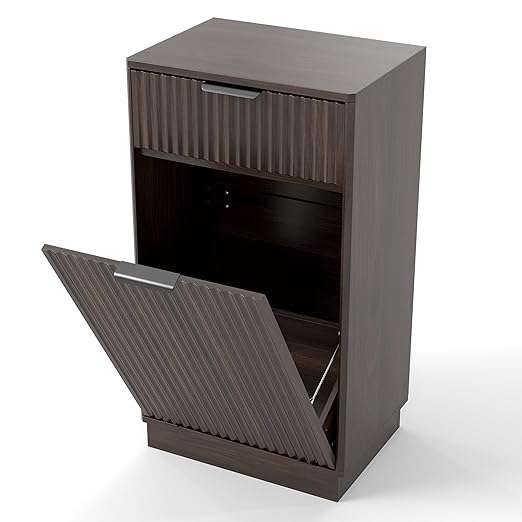 Woodgrain Tilt Out Trash Can Cabinet 13 Gallon, Hidden Kitchen Garbage Can with Drawer, Pull-Out Recycling Bin, Farmhouse Laundry Hamper Organizer (Walnut)