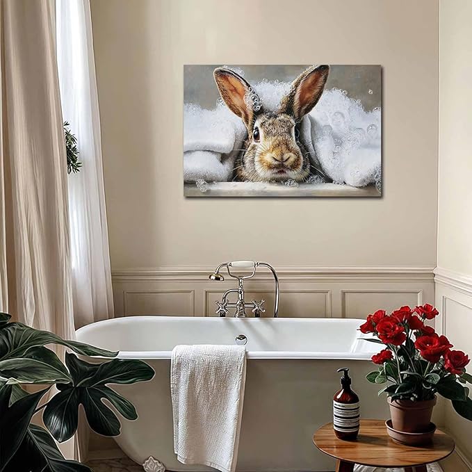 MNFGMH Easter Poster for Wall Cute Bunny Taking a Bath Canvas Print Easter Bathroom Wall Decor for Nursery Kids Room Wooden Frame 20x30 inch