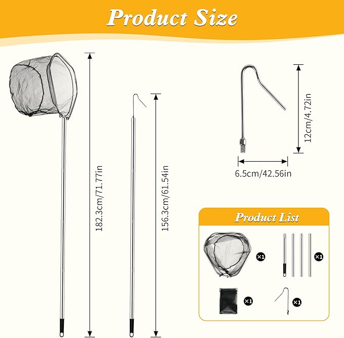 4PCS Chicken Catching Net, Adjustable Chicken Net Catcher, Chicken Catcher Leg Hook, Suitable for Chickens, Birds, Goose, Duckling, Fish, Cats (2 Nets, 1 Pole, 1Hook)