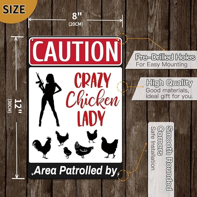 YOYI ART Funny Chicken Coop Sign - Area Patrolled by Crazy Chicken Lady, Metal Vintage Caution Sign for Farm Fence Decor, 8 x 12 inch