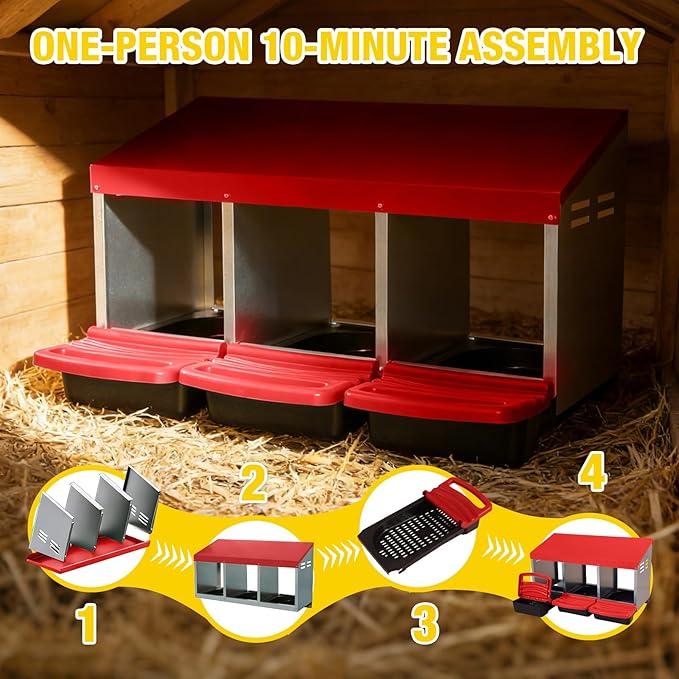 Aivituvin Chicken Nesting Box, 3 Compartments Chicken Egg Laying Box, Metal Nesting Boxes with Swing Perch for Chickens, Roll Away Egg Collection for Chicken Coop (Red)