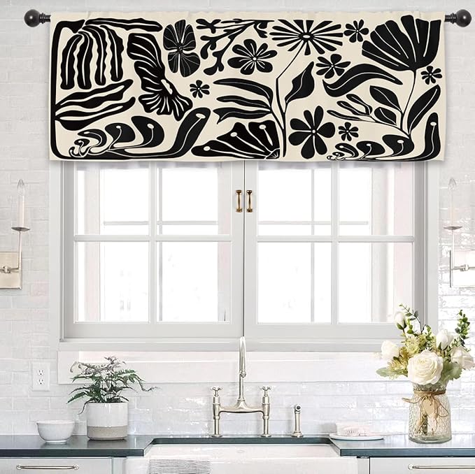 Black Matisse Flower Kitchen Curtain Valance 54W x 18L Inch Vintage Abstract Leaves Aesthetic Retro Art 70s Modern Minimalist Rod Pocket Short Cafe Small Window Treatment Drapes Decor