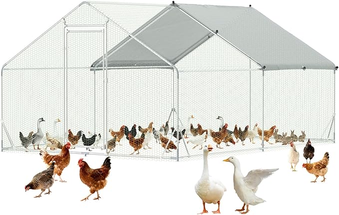 Large Metal Chicken Coop,10x13 FT Walk in Chicken Runs with Cover for 20 Chickens,Hen House Enclosure with Security Lock, Outdoor Duck Rabbit Cage Poultry Pens for Backyard,Farm,Yard