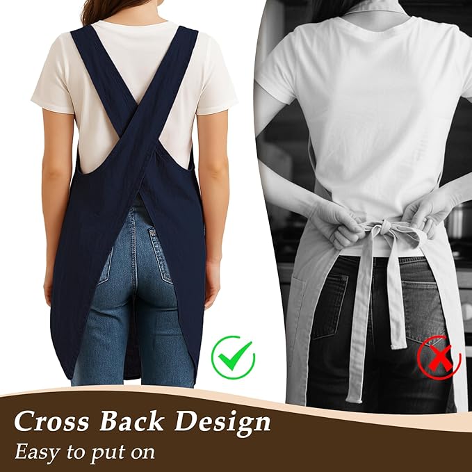 Apron for Women with Pocket Cotton Linen, Japanese Cross Back Apron for Gardening Painting
