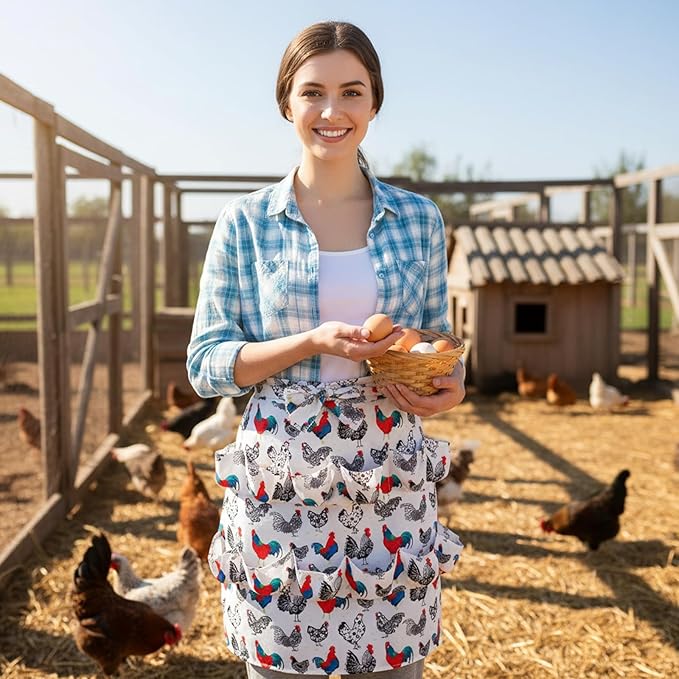 Egg Collecting Apron, Durable Canvas Chicken Egg Apron with 15 Deep Pockets, Elastic Closures and Hook Fresh Eggs Collecting for Chicken Duck Goose Eggs