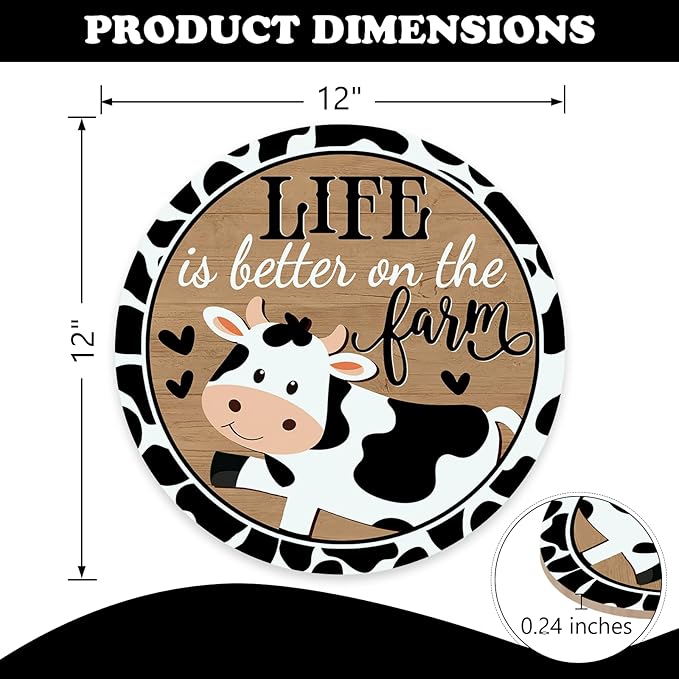 Funny Life is Better on The Farm Cow Print Front Door Sign, Vintage Farmhouse Animals Country Barn Wood Hanger Outdoor Home Decor, Rustic Wooden Wreath Indoor Wall Hanging Decoration Farm Gift