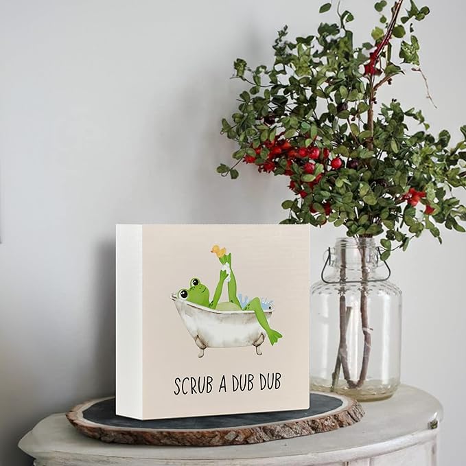 Frog Wooden Box Sign - Frog Kids Bathroom Decor, Frog Gifts, Frog Decorations for Home, Frog Home Decor, Scrub a Dub Dub Frog Wooden Box Sign for Bathroom Shelf Desk Table 5x5 Inch