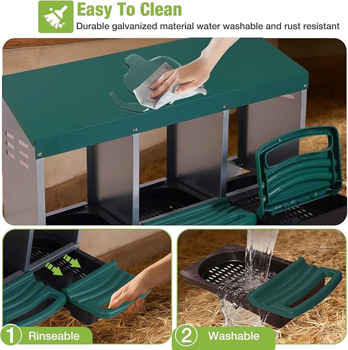 GUTINNEEN Chicken Nesting Box, 3 Compartment Metal Nesting Boxes with Roll-Away Egg System for Hens, Ducks & Rabbits, Technical Design for Efficient Egg Collection, Green