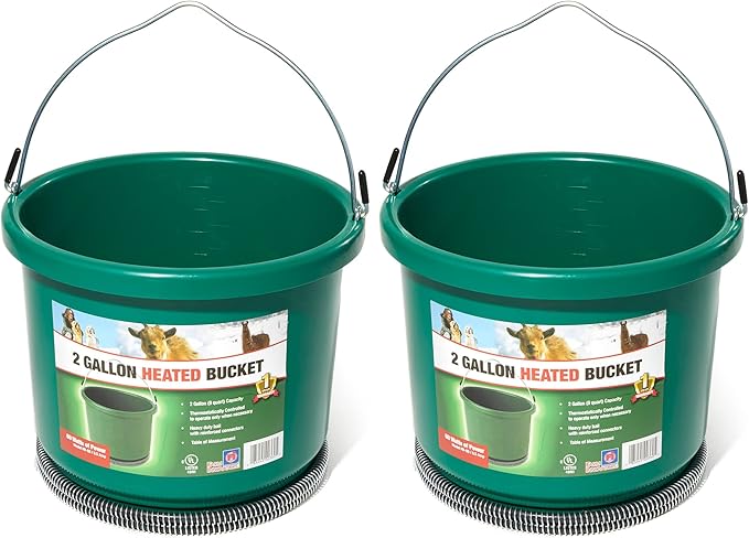 Farm Innovators HB-60 9 Quart 2 Gallon Plastic Heated Bucket w/Metal Handle, Built in Thermostat, & Anti Chew Cord Protector, 60 Watt, Green (2 Pack)