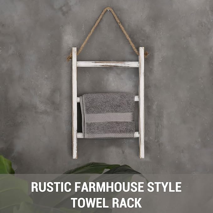 MyGift Rustic Hand Towel Holder, Whitewashed Solid Wood Farmhouse Bathroom Decor, Small Blanket Ladder for Home Decor, Wall Mounted Towel Rack for Shabby Chic Decor