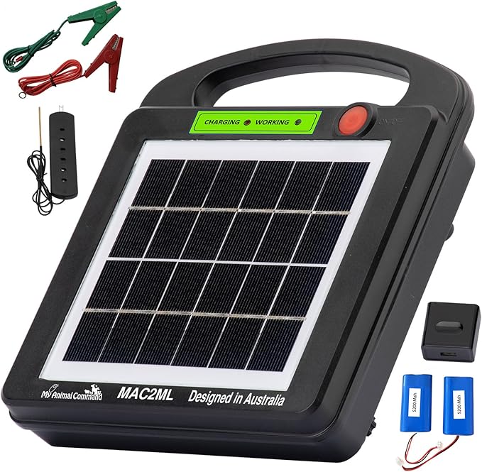 Solar Powered Electric Fence Charger 0.2 Joules Adjustable Voltage (6-9KV) with Lithium Battery Energizer Containment & Protection of Livestock Horses Cattle Sheep Pets Easy Install