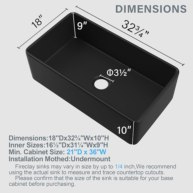 Black Farmhouse Sink 33 x 18 Inch, Single Bowl Firecaly Apron Front Undermount Farm Sink, with Accessories 2 Types, Matte Black, for Kitchen
