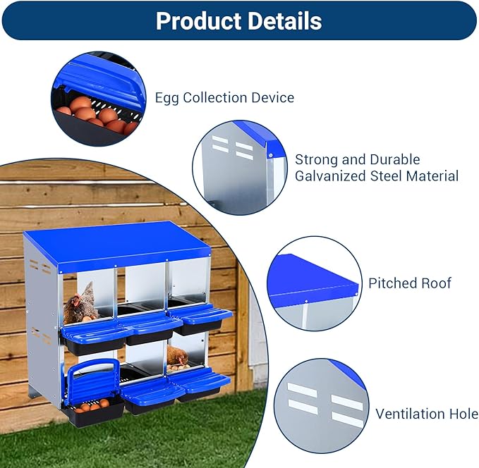 GarveeLife Chicken Nesting Box, 6 Compartments Nesting Boxes for Chickens, Chicken Laying Boxes, Roll Away Nesting Box for Chickens Laying Egg with Lid Cover to Protect Eggs, Blue