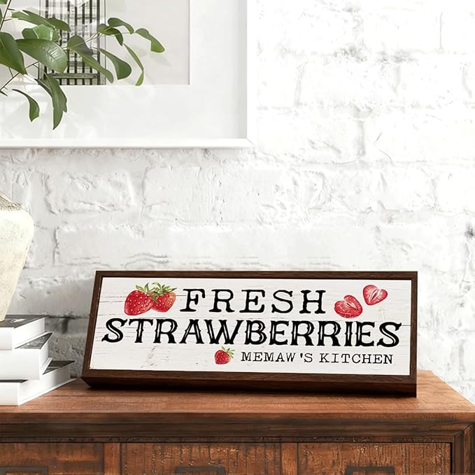 Memaw 's Kitchen Sign, Fresh Strawberries Sign, Country Style Tabletop Decor, Framed Wood Hanging Signs, Home Kitchen Wall Art, Gift for Mimi Grandma 9.5x3.1x1 inches