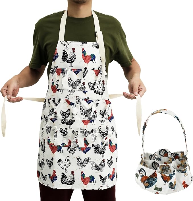 Egg Collecting Apron and Basket for Gathering Fresh Eggs,12 Deep Pockets Chicken Egg Apron and 7 Deep Pockets Chicken Egg Basket,Women Housewife Apron Adult for Chicken Duck Goose Eggs